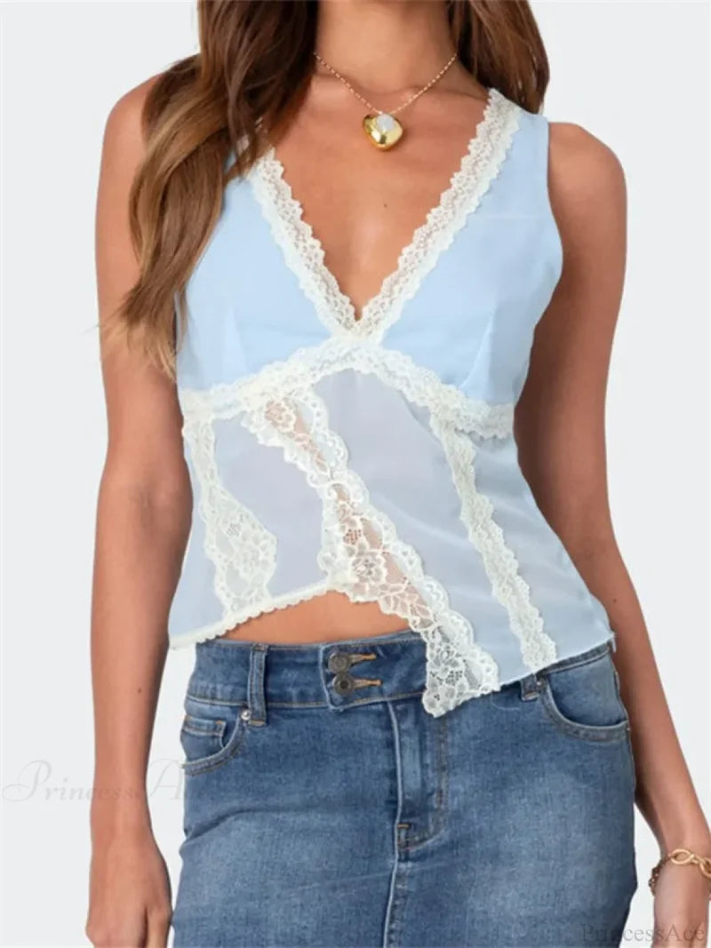 Asymmetrical Lace Trim Deep V-neck Slim Crop Top BLUE / S croptop-250126