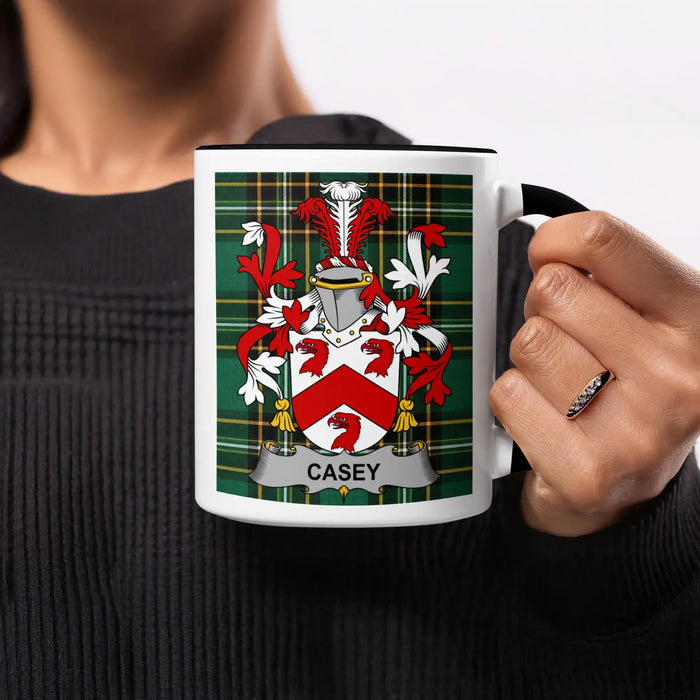 Casey heritage mug featuring a surname shield, black handle and tartan design.