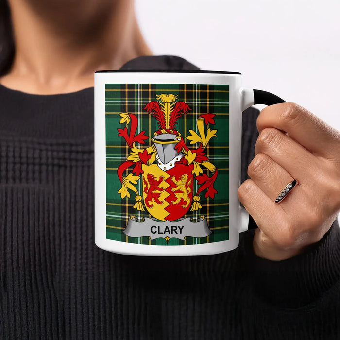 Clary heritage mug featuring the family crest, black handle and tartan design.