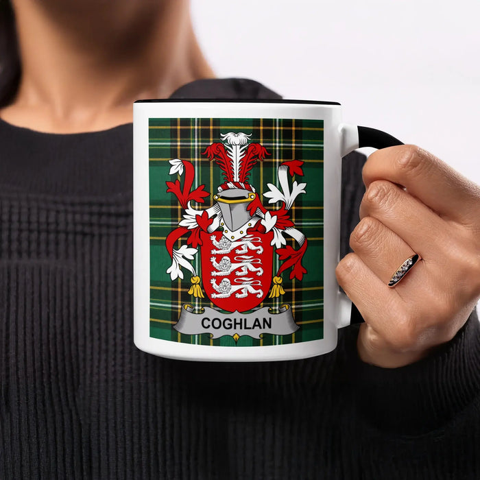 Coghlan heritage mug featuring the family crest, black handle and tartan design.