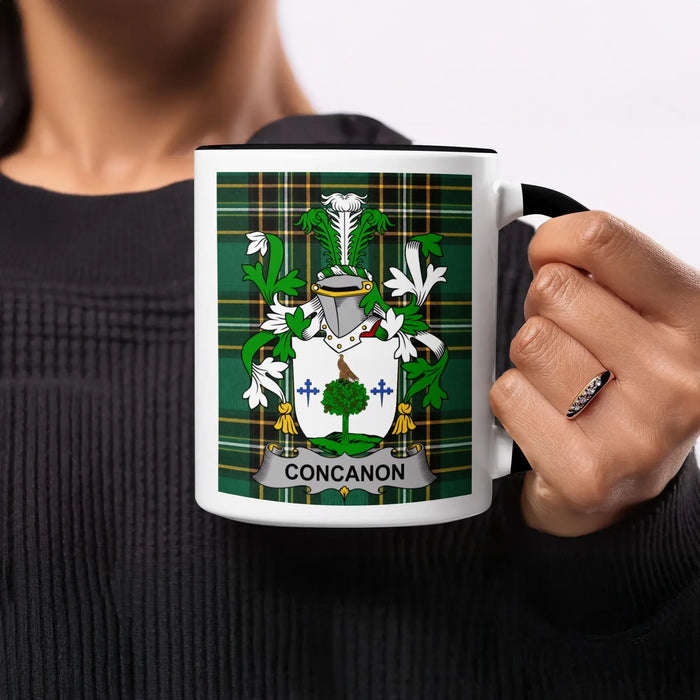 Concannon heritage mug featuring the family crest, black handle and tartan design.