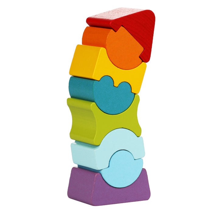 The Cubika Wooden Flexible Tower by Cubika features colorful, irregularly shaped wooden blocks in orange, yellow, green, blue, and purple stacked vertically and topped with a red house piece for endless educational play.