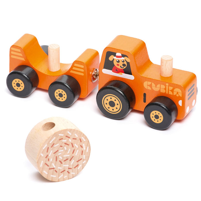 The Cubika Wooden Toy Tractor by Cubika features two detachable parts, black wheels, a driver dog illustration, and a detailed cylindrical log accessoryโideal for imaginative farm play.