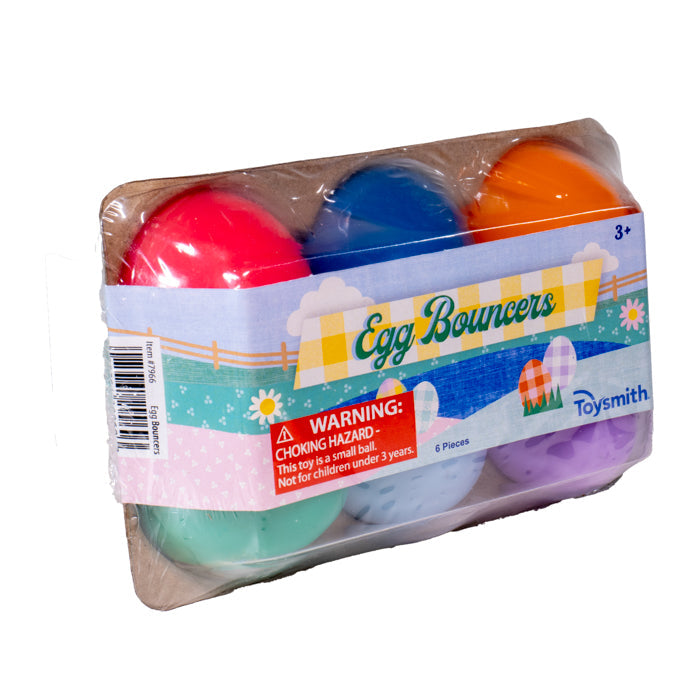 Toysmithβs Egg Bouncer 6-pack includes six colorful, egg-shaped bouncy balls in a clear plastic carton, ideal for Easter baskets or egg hunts. Warning: Choking hazardβsmall parts. Not for children under 3 years old.