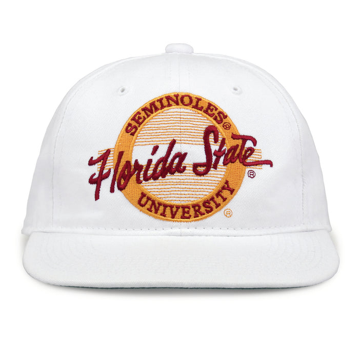 Florida State Retro Circle snapback hat in white, front view