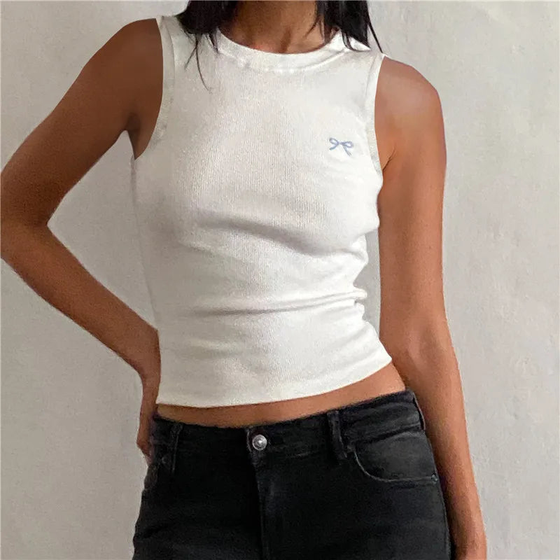 Knit Bow Embroidery Crop Top