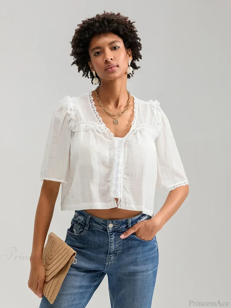 Lace Ruffle V-neck Button Casual Loose Crop Shirt WHITE / XS croptop-250126