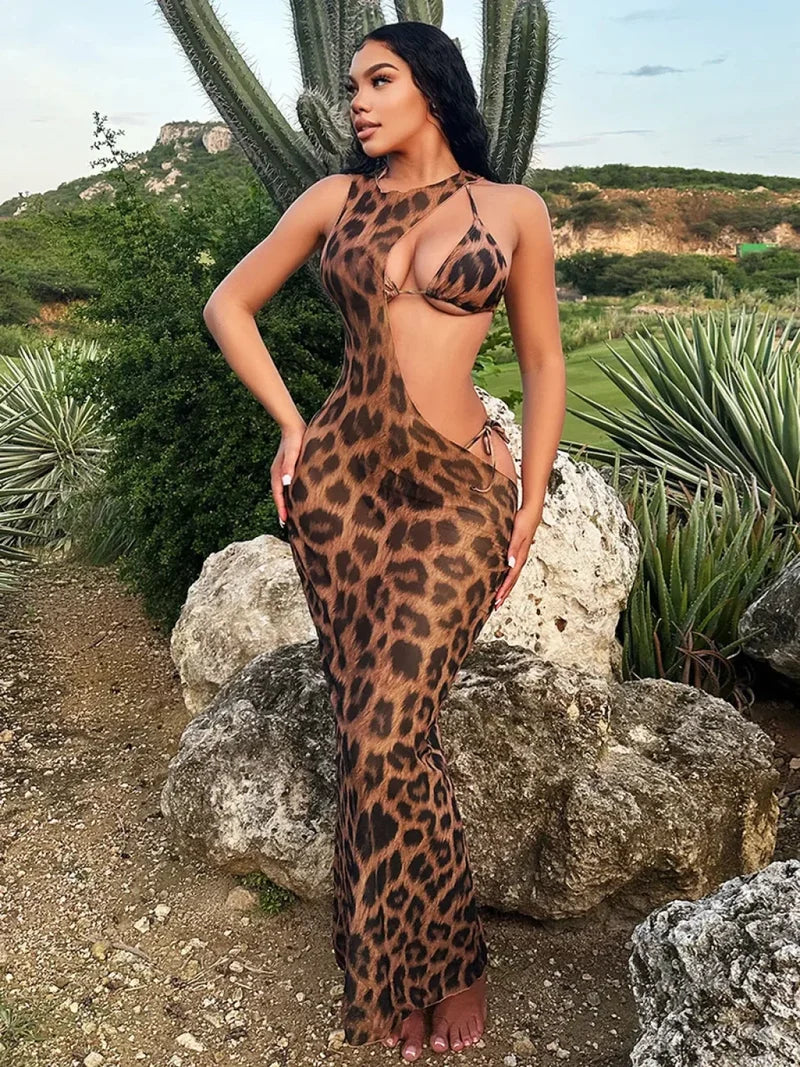 Leopard Beach Cover Up Bikini Three Piece Swimsuit Leopard / S