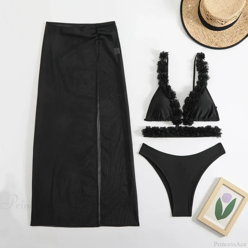 Long Dress Cover Up Bikini Three Piece Swimsuit black set 2 / S