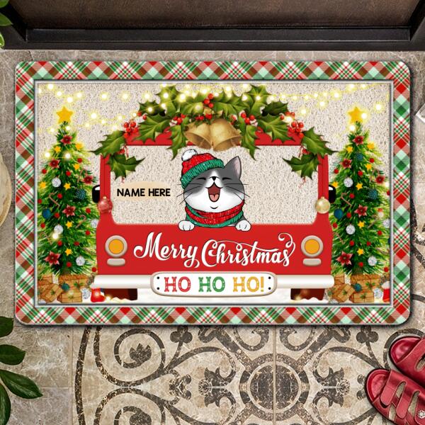 Merry Christmas Ho Ho Ho! - Red Green Plaid Around - Red Truck - Personalized Cat Christmas Doormat