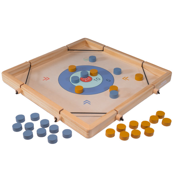 The Neato! Time To Play 8-In-1 Game by Neato! is a wooden tabletop travel game featuring a square frame, center circular target, blue and yellow discs, and point zones of 5, 10, 15, and 20βperfect for family screen-free fun!.