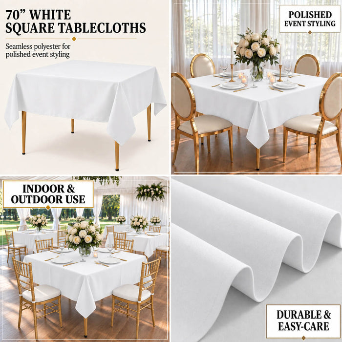 White polyester square tablecloth for stylish events, wrinkle-resistant design.