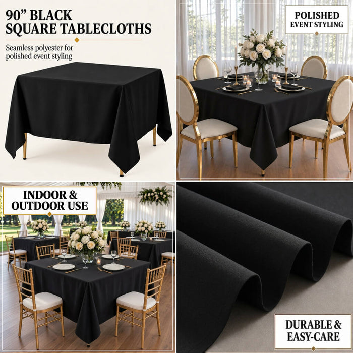 Black polyester square tablecloth, 90"x90", wrinkle-resistant for events.