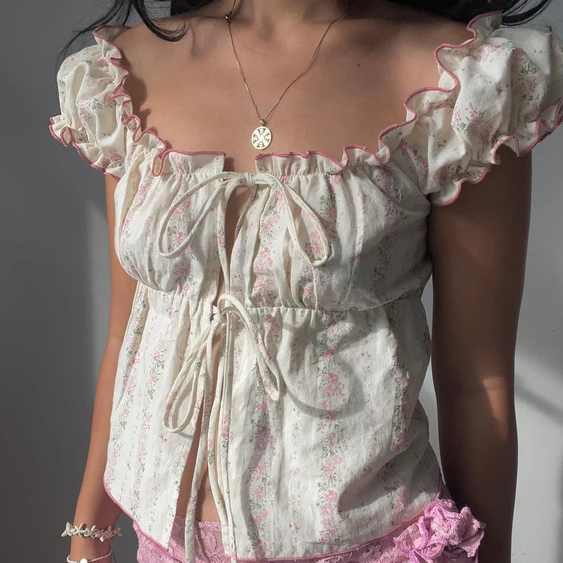 Ruffles Tie-Up Cap Crop Top