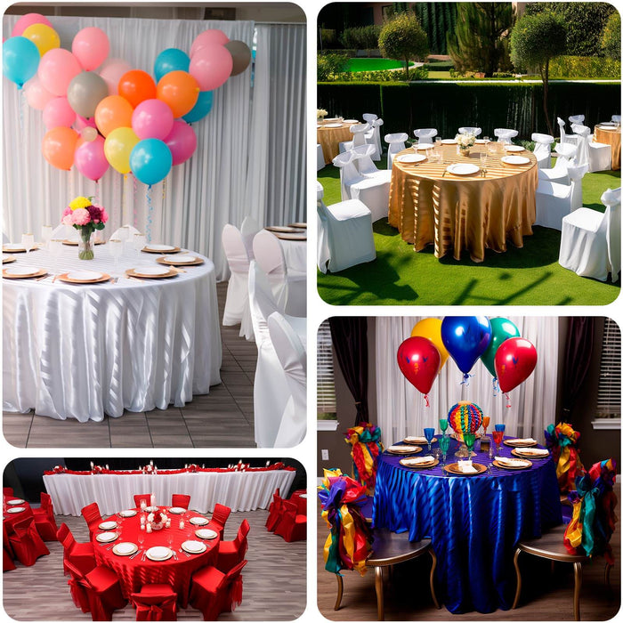Colorful balloons and decorated tables set for a festive event.