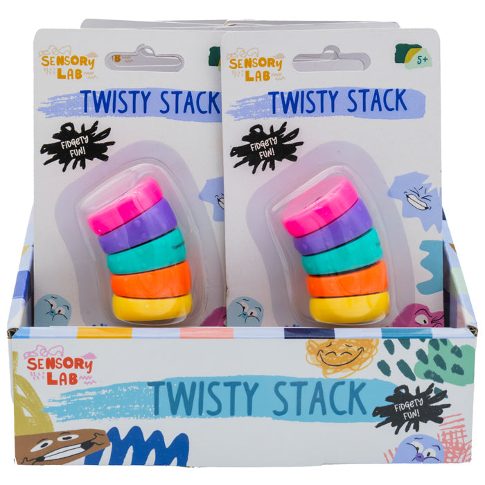 Two packs of Sensory Lab Twisty Stack toys by Sensory Lab are shown in a "fidgety fun" box. Each pack has five stacked rings for motion play, encouraging focus and creativity. For ages 5+.
