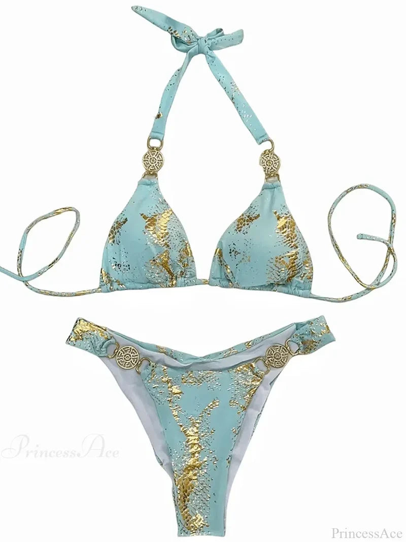 Snake Print Scrunch Butt Diamond Bikini Set skyBlue / S