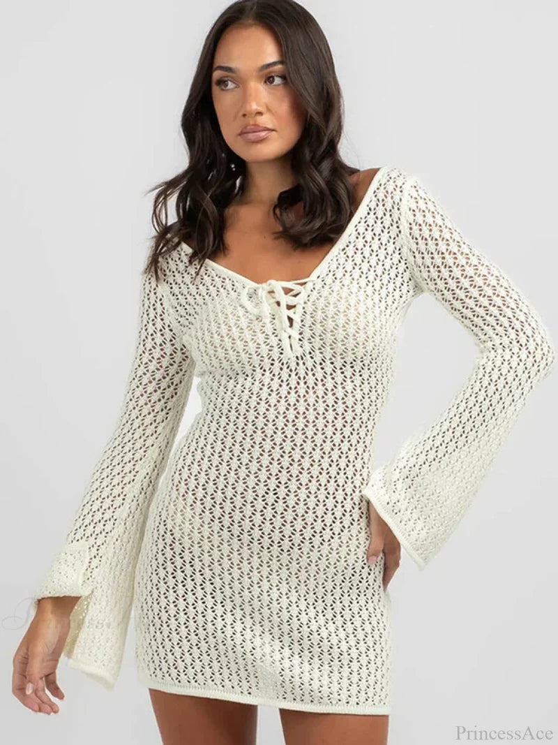 Solid Lace Up Bikini Cover Up WHITE / S