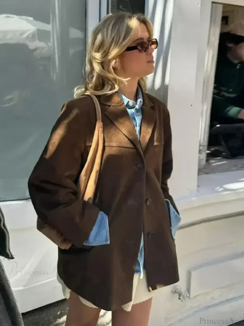 Solid Lapel Suede Leather Coat Brown coat / S