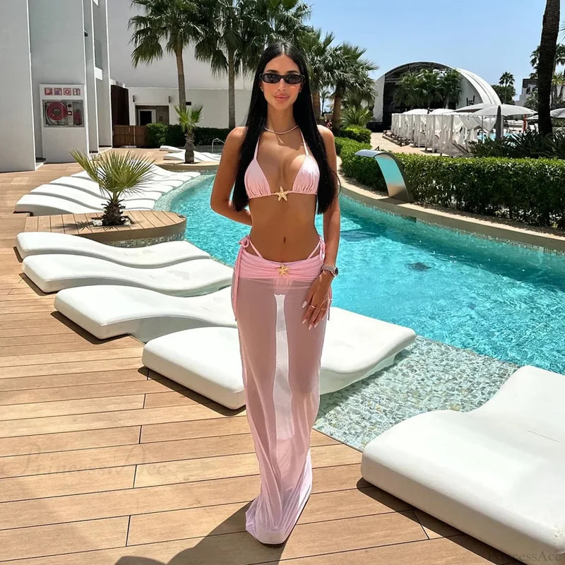 Starfish Skirt Cover Three Piece Swimsuit pink / S