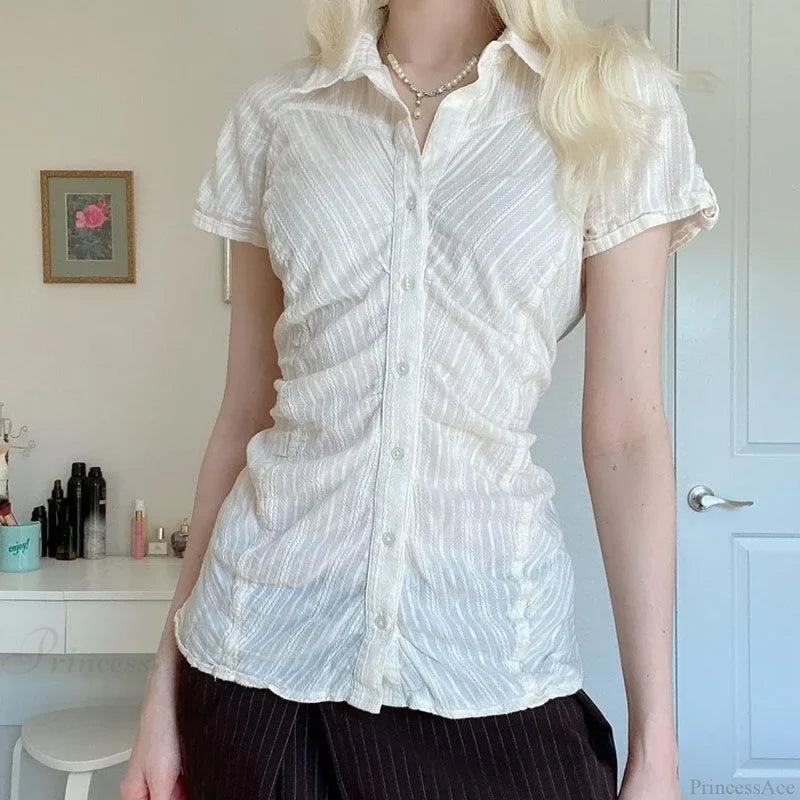 Striped Button-Up Collar Blouse white1 / S blouse-250126