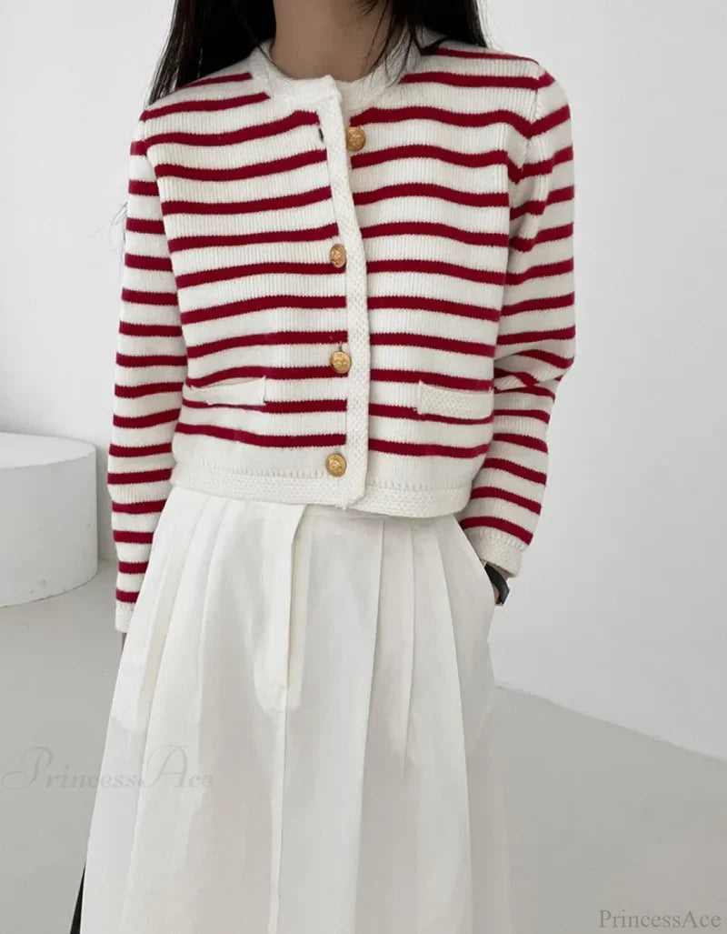 Striped Print Cropped Loose Knit Knit Cardigan Red Top / One Size cardiagn-250126