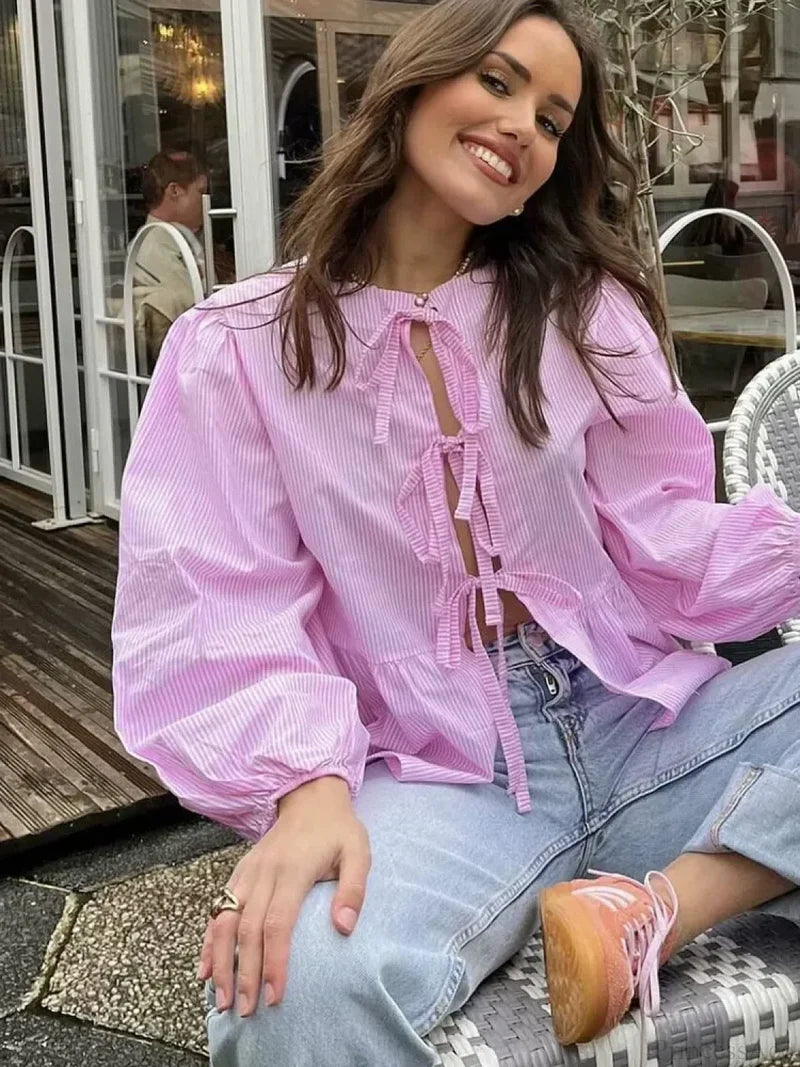 Striped Puff Sleeve Holiday Blouse PINK / S blouse-250223
