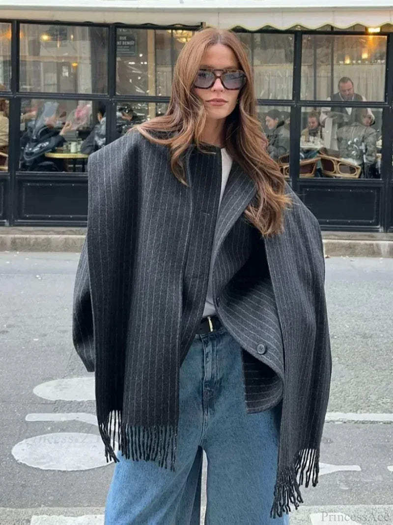 Striped Single Breasted Wool Coat Dark Grey / S
