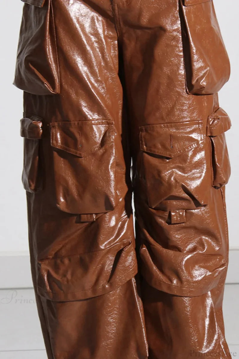Summer Loose PU Leather Cargo Pant