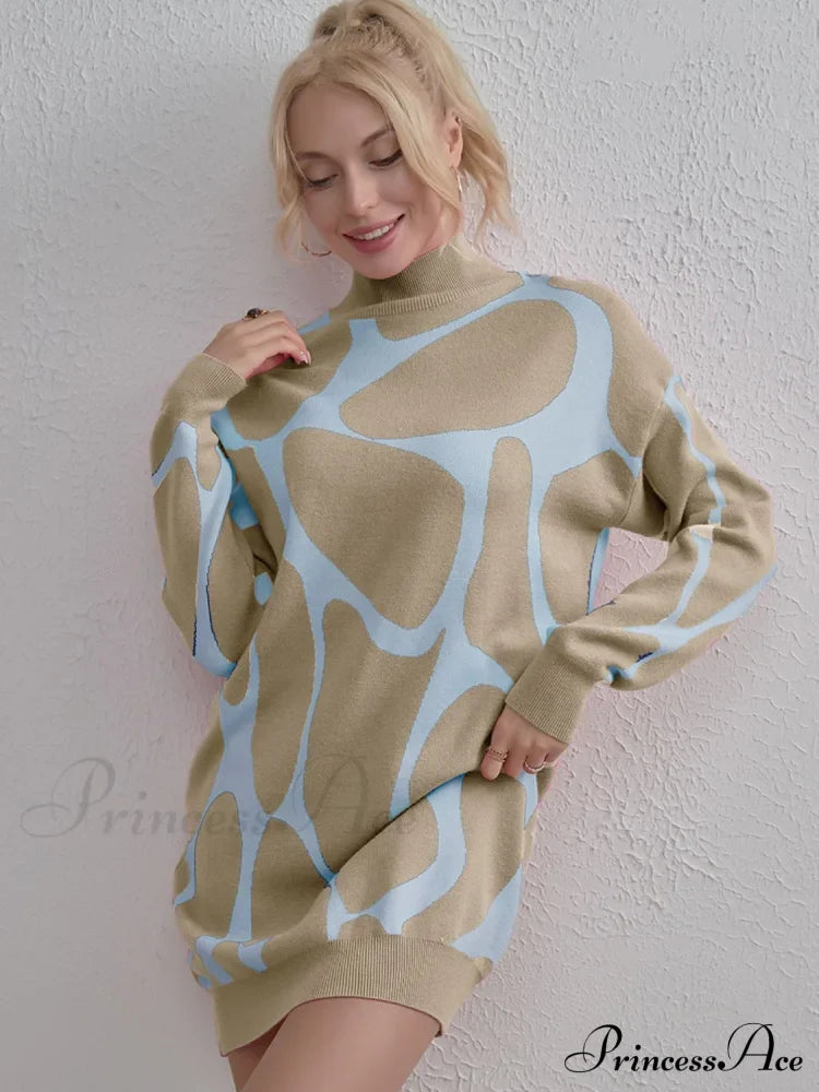 Contrast Mock Neck Sweater Dress Khaki One Size clothes H.Y@Maozhi Ship From Overseas Shipping Delay 10/01/2023 - 10/03/2023 shirt shirts sweater top tops trend