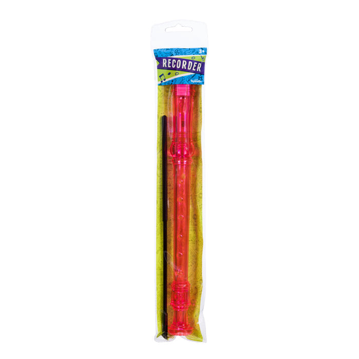 The Toysmith Recorder, in pink, comes with a black cleaning rod in clear packaging featuring a blue โRecorderโ labelโperfect as a beginner musical instrument for children.
