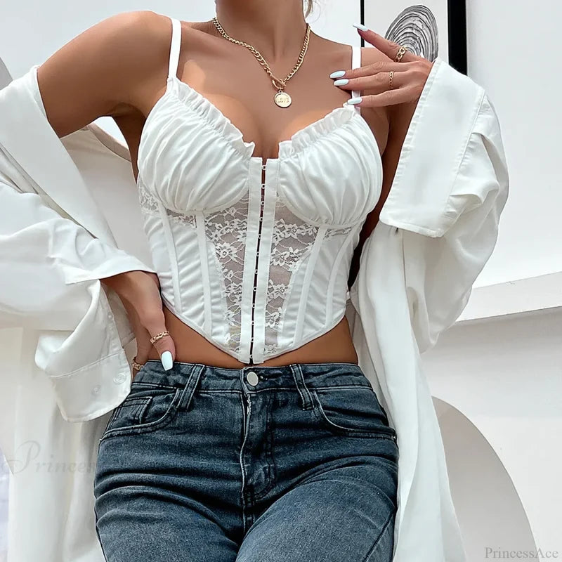 Trendy Mesh Fishbone Lace Pleated Sexy Crop Top croptop-250126