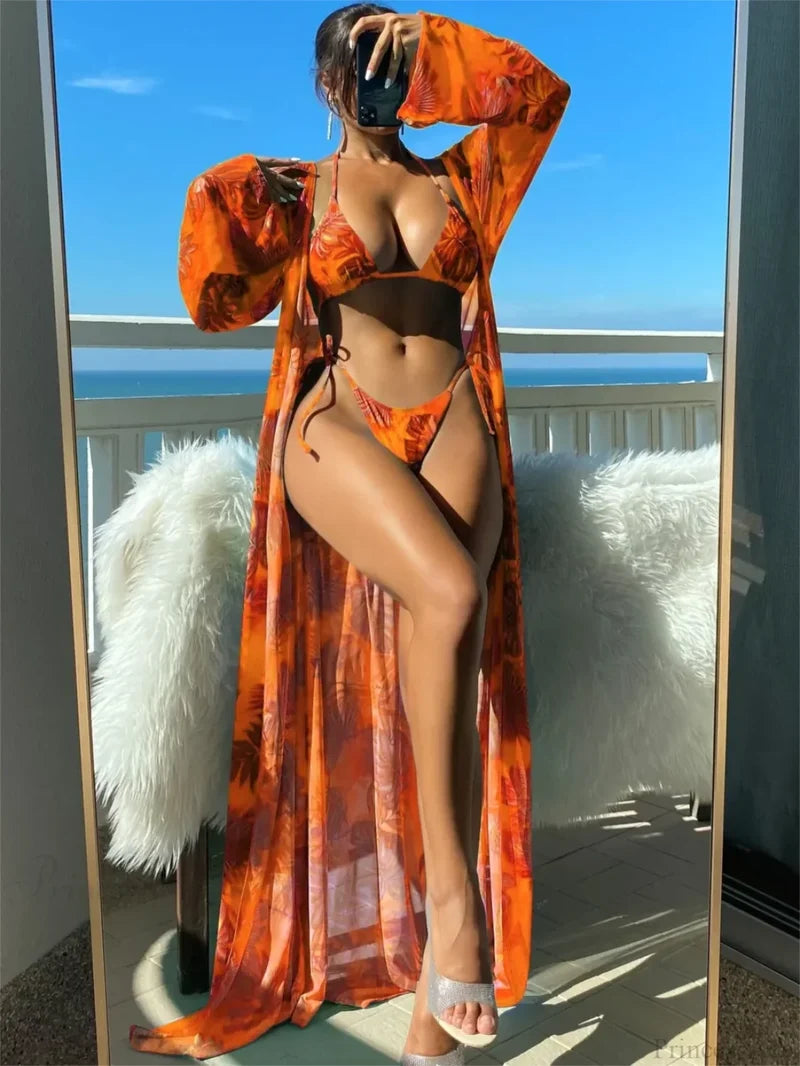Triangle String Bikini Set with Kimono Three Piece Swimsuit Orange / S