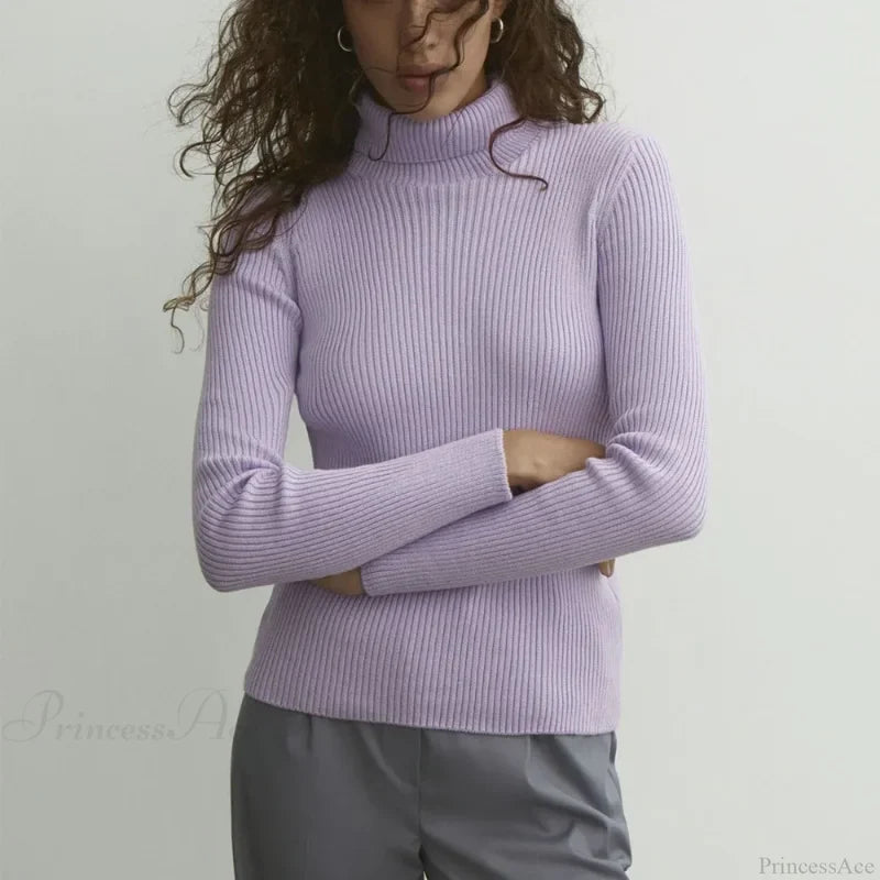 Turtleneck Slim Pullover Long Sleeve Sweater PURPLE / M