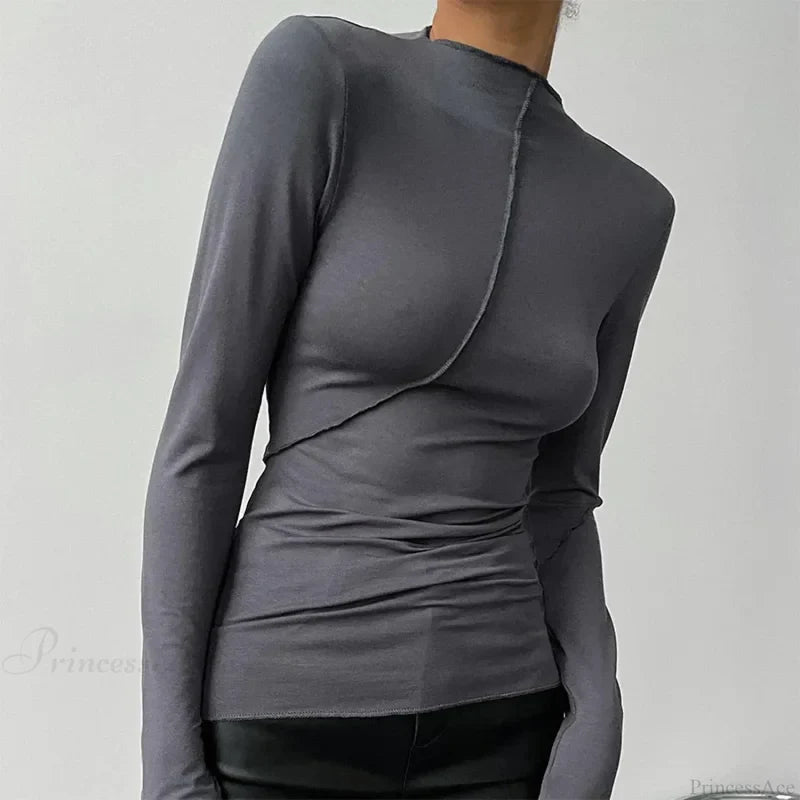 Turtleneck Y2K Long Sleeve Casual Slim Fit Knit Top Dark Grey / S knittop-250126