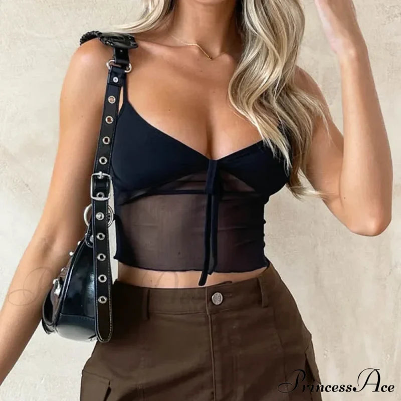 Women See Through Mesh Crop Cami Y2K Ruffle Frill Backless Sleeveless Spaghetti Strap Camisoles