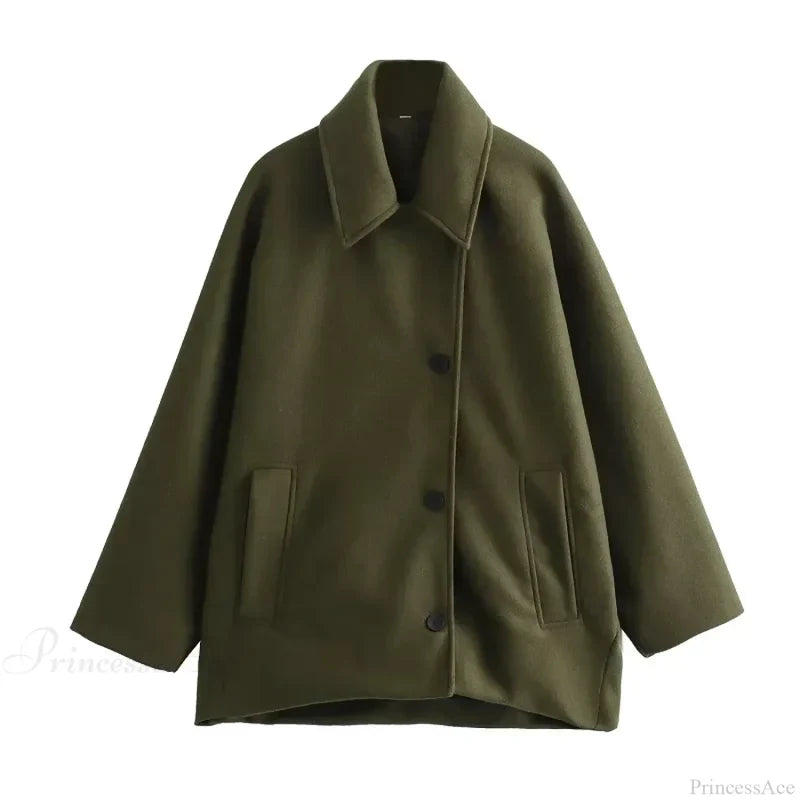 Wool Blends Khaki Green Long Sleeve Overcoat army green / XS