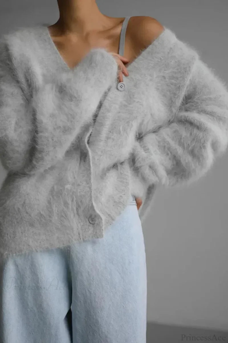 Wool Loose V-neck Long Sleeve Cardigan Gray / S