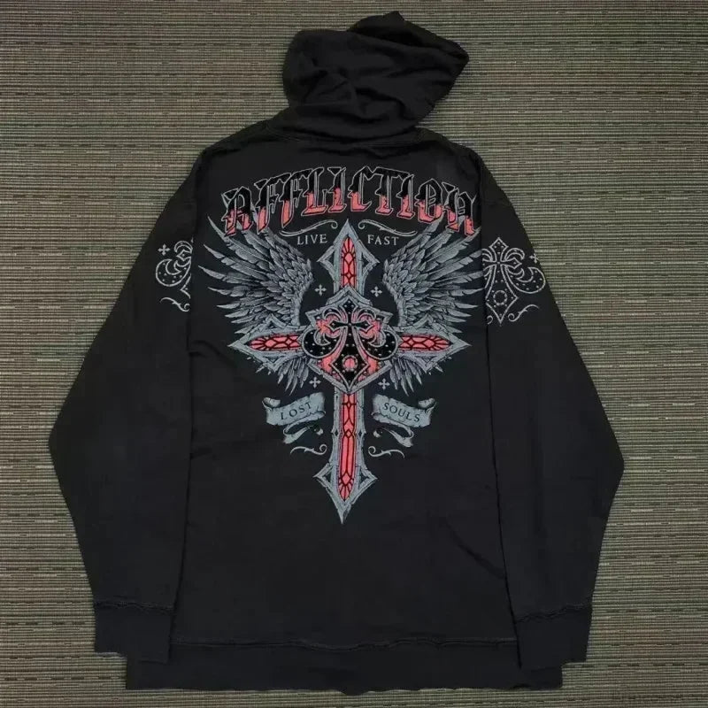 Y2K Gothic Skull Design Hoodie black6 / S
