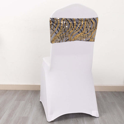 White chair cover with gold and silver sequined back design.