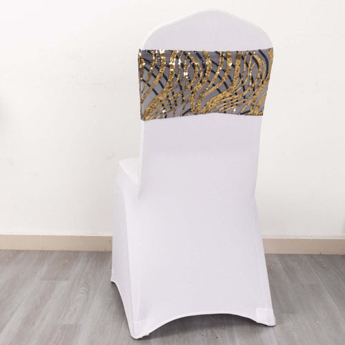 White chair cover with gold and silver sequined back design.