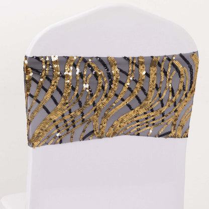 Gold and silver sequin chair sash with zebra stripes on a white chair.