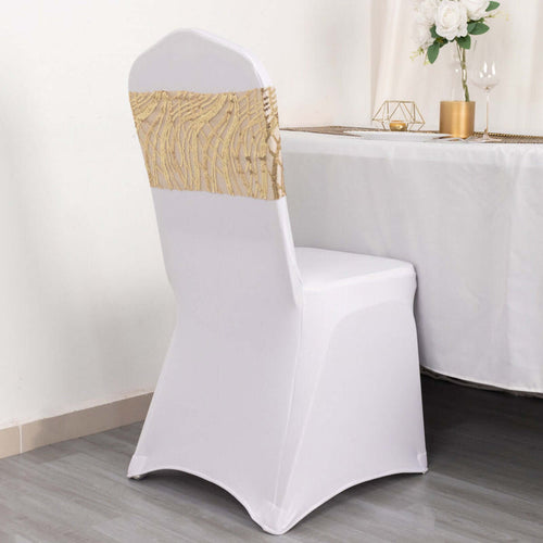 Elegant white chair cover with gold decorative band, styled for events.