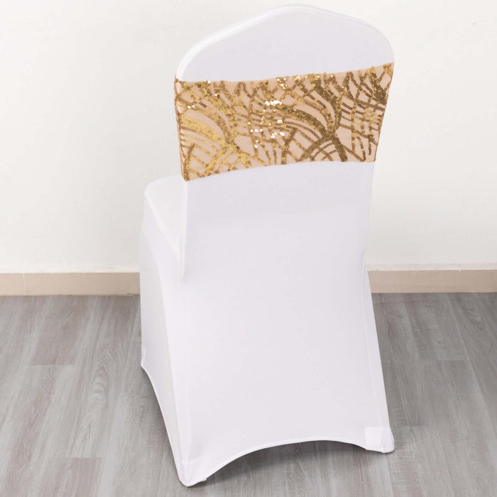 White chair cover with gold sequined back detail.