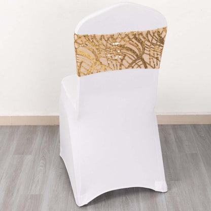 White chair cover with gold sequined back detail.