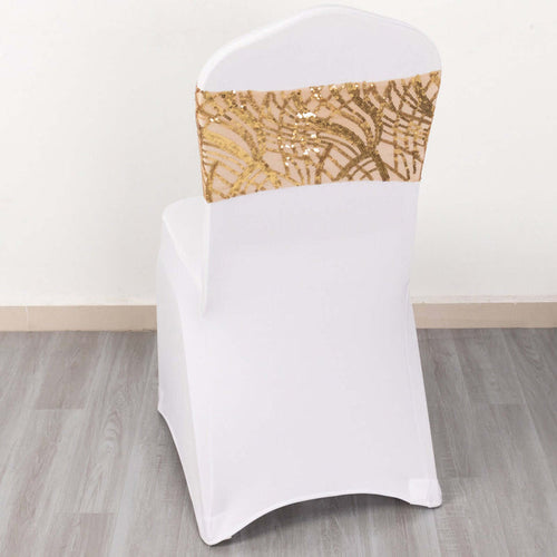 White chair cover with gold sequined back detail.