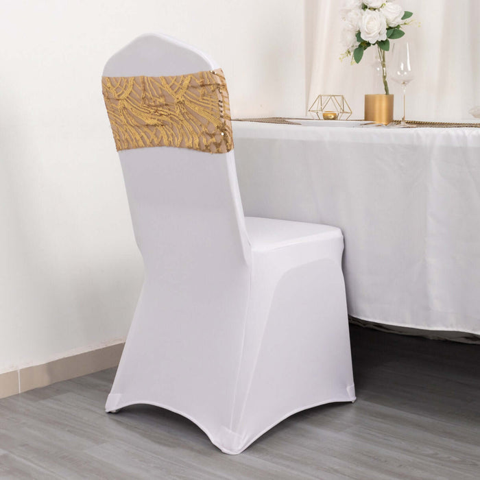 Elegant white chair cover with gold accent for events and dining.