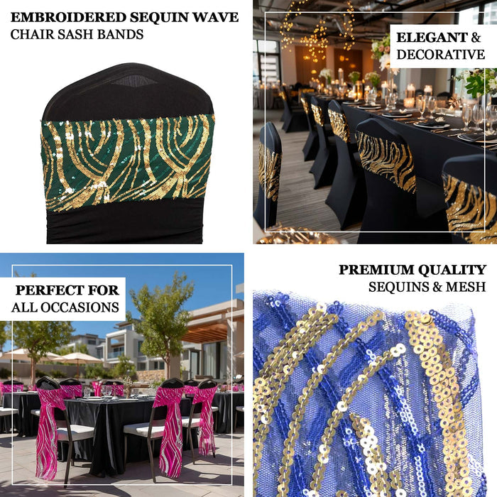 Embroidered sequin wave chair sash bands in decorative colors for elegant events.
