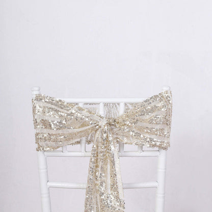 Gold sequin chair sash tied in a bow on a white chair