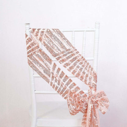 Rose gold sequin sash draped on a white chair.